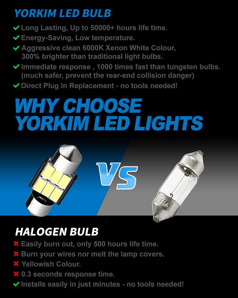 Yorkim DE3022 LED Bulb Super Bright DE3175 Festoon Bulbs White, Error Free Canbus 6-SMD 5730 Chipsets, DE3021 Interior Car Lights 31mm LED Bulbs for dome map light - Pack of 4 - Image 4